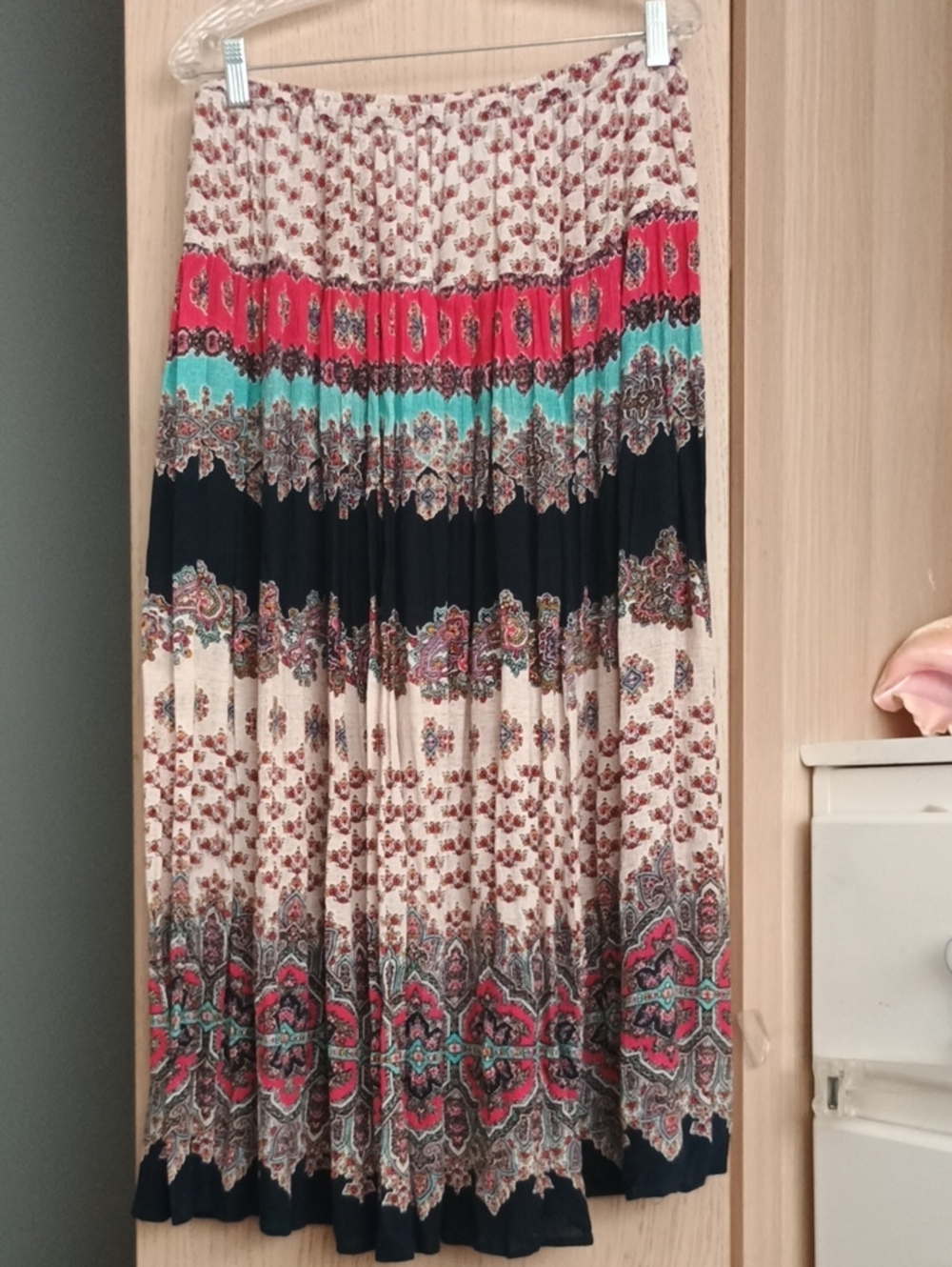 Hannah Boho Maxi Skirt in Cream, Black , Coral & Teal Sz PL